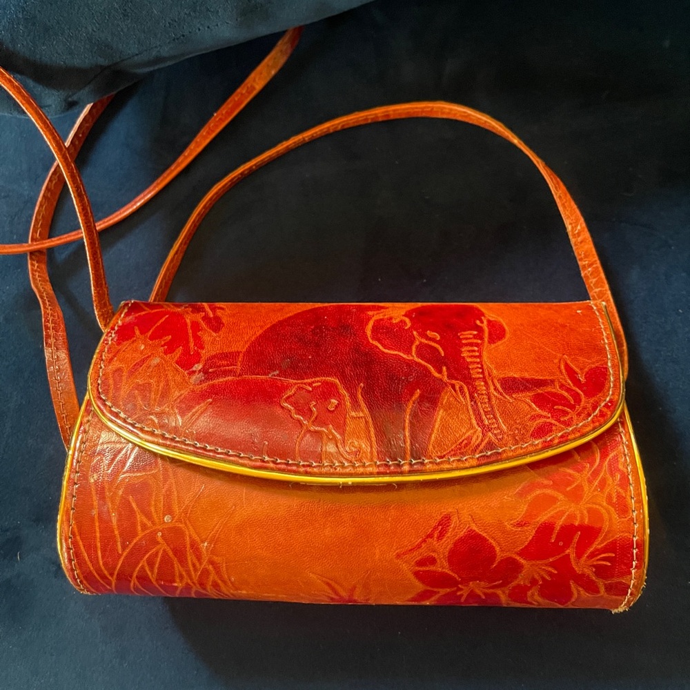 Vintage Genuine Leather Women's Bag with elephants/flower motif.